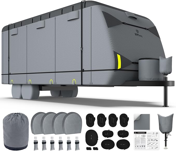 RVMasking Travel Trailer RV Cover 26-28ft, 7 Layers Extra-Thick Camper Cover Waterproof Windproof for Toy Hauler with 4 Tire Covers & Tongue Jack Cover & Propane Tank Cover, Dark Gray
