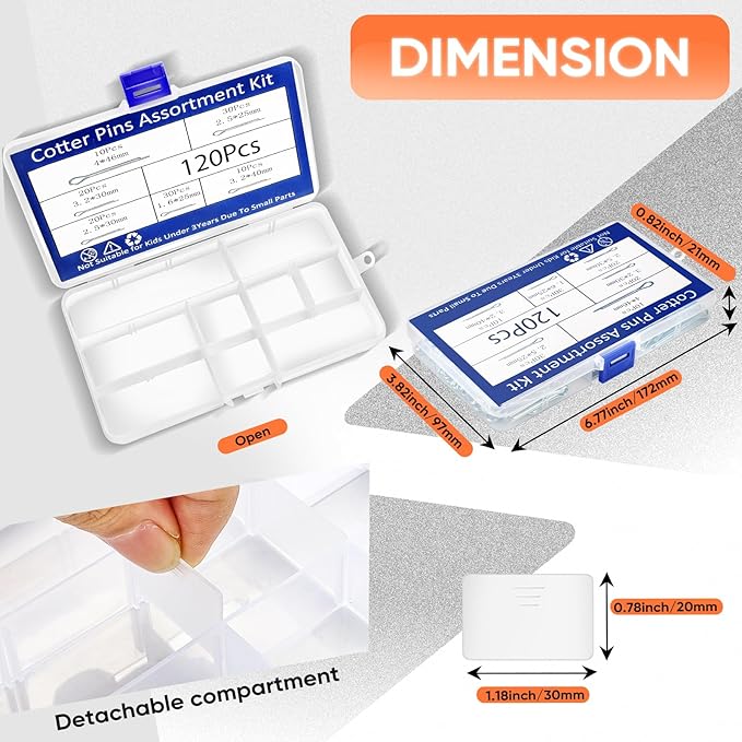 120Pcs Cotter Pins, 6 Sizes Hardware Cotter Pins Clip Assortment Kit - 304 Stainless Steel R Hairpin Cotter Fastener Clip Suitable for Truck and Engine Maintenance, Hanging Needle Lock System
