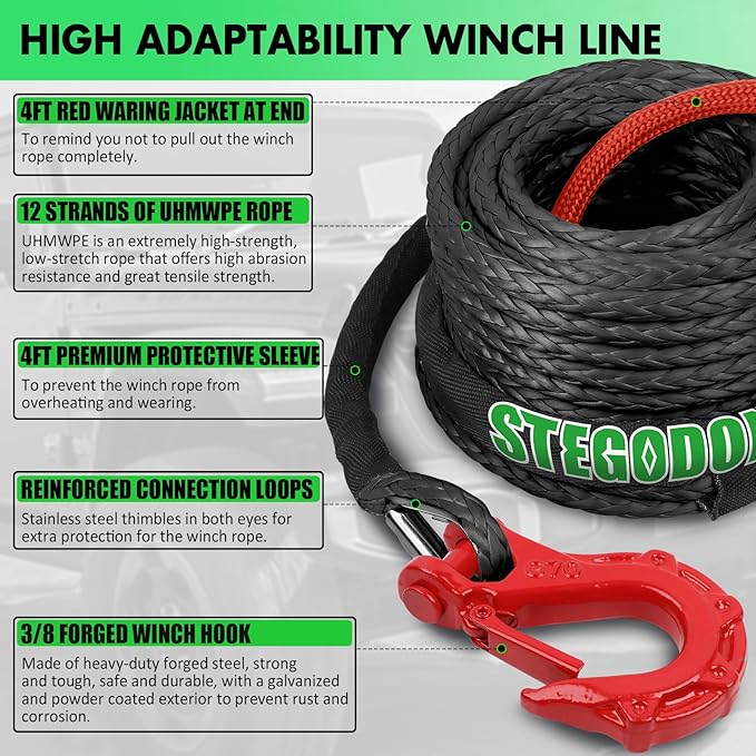 Synthetic Winch Rope, 3/8'' x 85ft 25,000LBS Synthetic Winch Line 3/8 Winch Cable Replacement Synthetic Rope with Forged Winch Hook for 4WD Off Road Vehicle SUV Truck(Black)