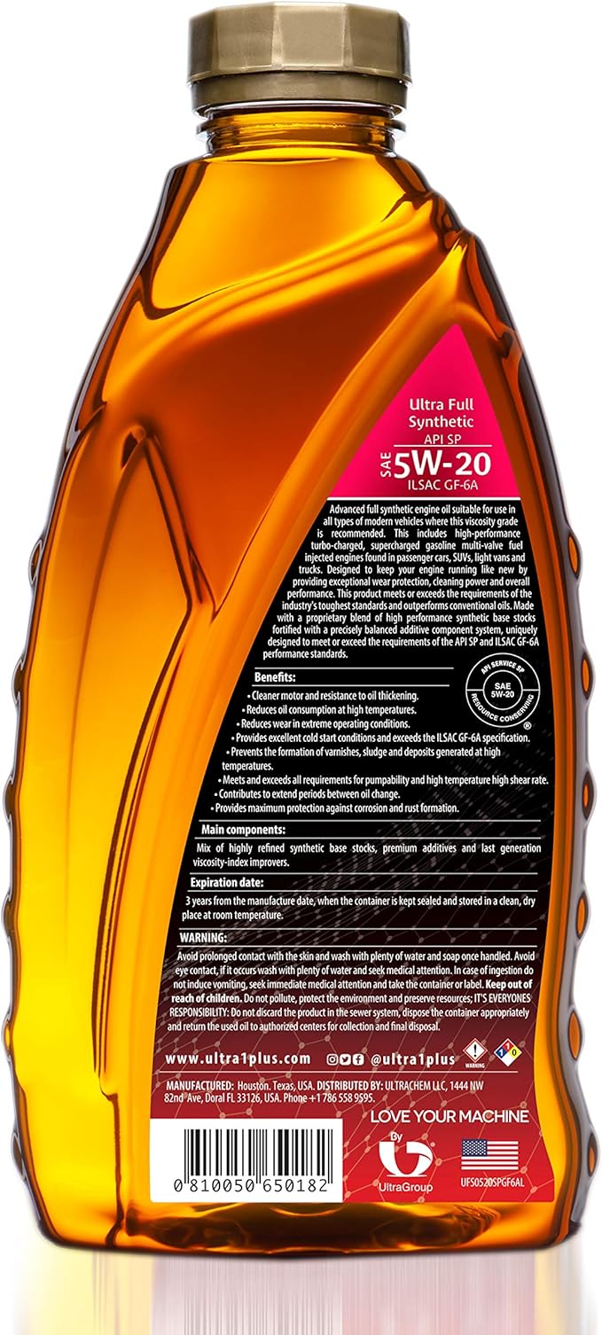 ULTRA 1PLUS SAE 5W-20 Full Synthetic Motor Oil API SP ILSAC GF-6A - 5W20 motor oil, 12 QTS Pack