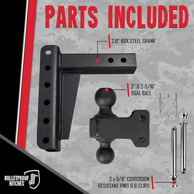 BulletProof Hitches - 2.0" Adjustable Medium Duty Trailer Hitch (14,000 lb. Rating) - 6" Drop/Rise Trailer Hitch with 2" & 2-5/16" Dual Ball - Powder Coat, Box Steel, Corrosion-Resistant