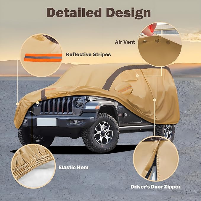 Heavy Duty Waterproof Car Cover Compatible with Jeep Wrangler 4 Doors 2006-2024 JK JL, Outdoor Anti-UV Sun Rain Protection Full Exterior Cover