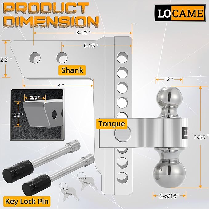LOCAME Adjustable Trailer Hitch, Fits 2.5-Inch Receiver Only, 8-Inch Drop/Rise Aluminum Drop Hitch, 18,500 LBS GTW-Tow Hitch for Heavy Duty Truck with Double Stainless Steel Locks, Silver, LC0008