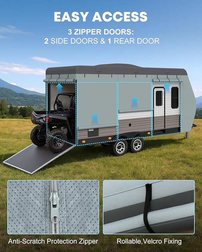 Kohree Travel Trailer Cover 22-24 ft with 8 Enlarged Vents, Sturdy & Waterproof & Anti-UV RV Camper Cover Kit with Front & Back Sign for All Weather Protection