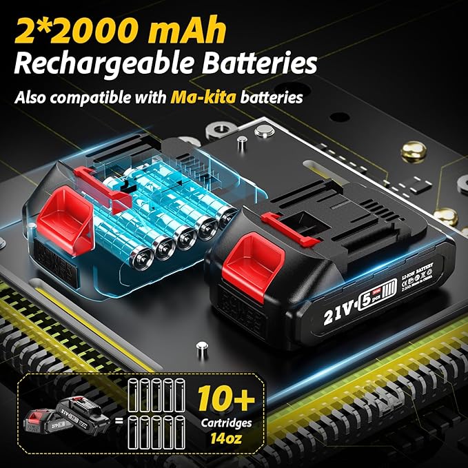 Electric Grease Gun, 10000 PSI Super Efficient Battery Powered Grease Gun Kit with 2 Batteries and Charger, 39.4" Flexible Hose, Cordless Grease Gun with Super Bright LED Light, Black