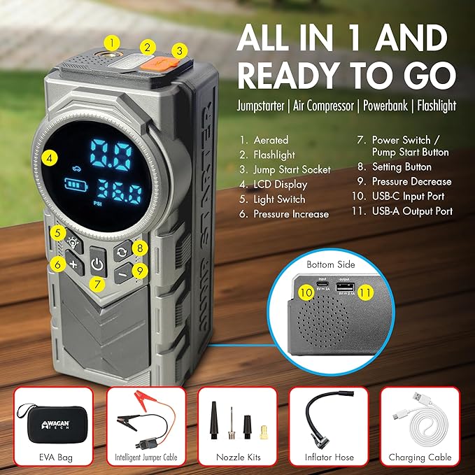Wagan EL7603 iOnBoost V10 Air Jump Starter with Tire Inflator 1500A Peak 12V Portable Lithium Car Battery Booster with 150PSI Air Compressor LCD Pressure Display Built-in LED Light UL Certified