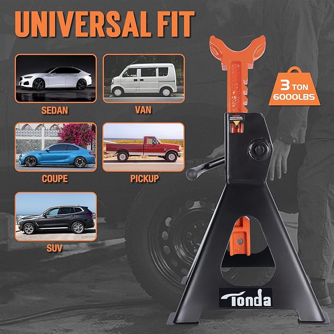 TONDA Jack Stands 3 Ton, Extra Tall Heavy Duty Car Jack Stand, 13.39-21.06 inch Adjustable Height for SUV, MPV and UTV/ATV, Black, 1 Pair