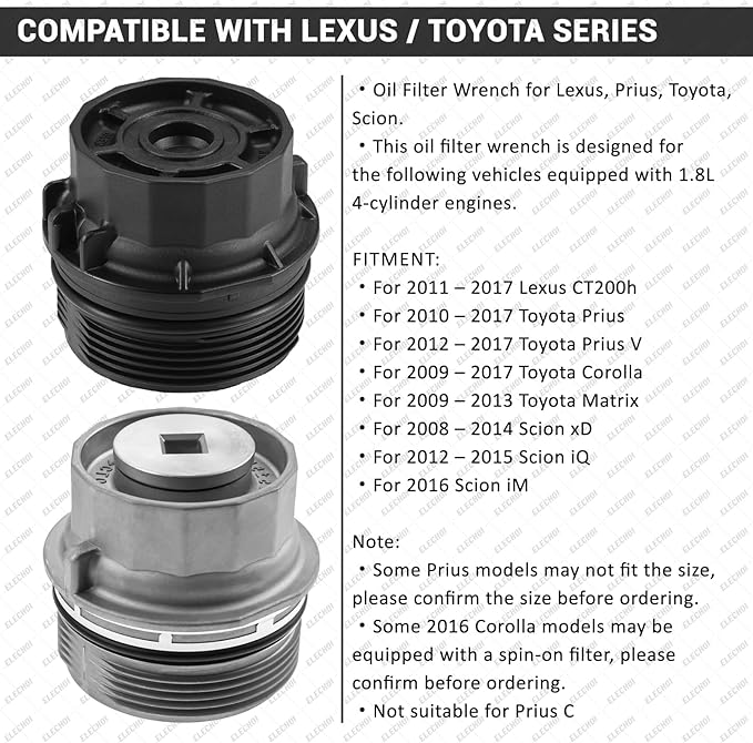 64mm 14 Flutes/6 Slots Oil Filter Cap Wrench Removal Tool Socket Compatible with Toyota, Lexus, Prius, and Scion Vehicles Equipped with 1.8L 4-Cylinder engines, Black Heavy-Duty Aluminum