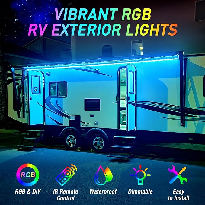 16.4FT RV Awning Lights, 12V Camper LED Light Strip with Remote and APP Control, Waterproof RV Exterior Strip Lights for Canopy Motorhome Travel Trailer Camping BBQ Kitchen (1PC-16.4FT New)
