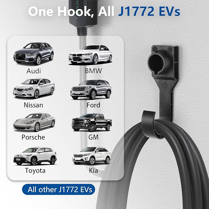 EV Charger Holder for SAE J1772 Wall Mounted, J1772 Charger Cable Hook and Connector Dock Set, Durable Hook for EV Charging Cable Organizing, Indoor and Outdoor Use for Electric Vehicle