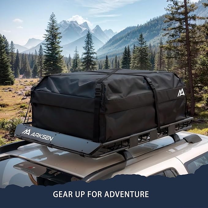 ARKSEN 54 x 39 x 5 Inch Upgrade Universal Roof Rack with Waterproof Bag, Cargo Net&2 Ratchet Straps - 150Lbs Capacity Heavy Duty Rooftop Cargo Carrier with Extension for Car, SUV & Pickup