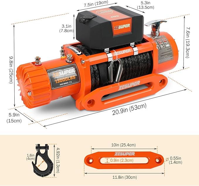 ZESUPER 13000 lbs Electric Winch Kit, IP68 Waterproof 12V Winch for Jeeps,Trucks,SUV, Synthetic Rope Winch with Wireless Handheld Remote, Corded Control, Hawse Fairlead,Hook