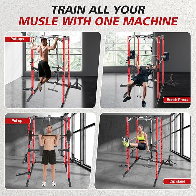 Power Cage Multi-Function Power Rack with Adjustable Cable Crossover System and More Training Attachment Weight Cage for Home Gym