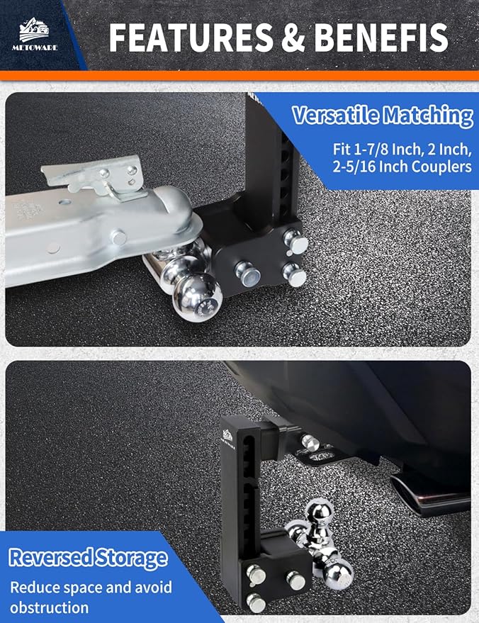 METOWARE Adjustable Trailer Hitch Ball Mount-Fits 2.5" Receiver-Heavy Duty Drop Hitch, Tri-Ball (1-7/8" x 2" x 2-5/16") 8" Drop/Rise, 18,000 GTW and Anti-Theft Stainless Steel Lock