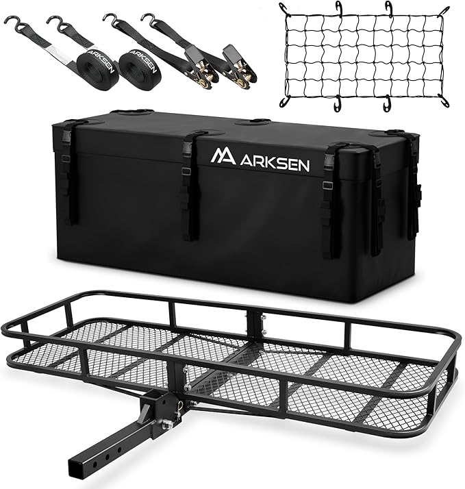 ARKSEN 60 x 23 x 5.5 Inch Folding Hitch Cargo Carrier with 500D PVC Waterproof Cargo Bag & Net, 2 Ratchet Straps, 500 Lbs Capacity Heavy Duty 2 Inch Receiver Luggage Basket for SUV, Pickup Truck