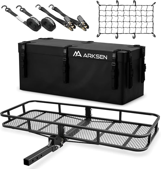 ARKSEN 60 x 23 x 5.5 Inch Folding Hitch Cargo Carrier with 500D PVC Waterproof Cargo Bag & Net, 2 Ratchet Straps, 500 Lbs Capacity Heavy Duty 2 Inch Receiver Luggage Basket for SUV, Pickup Truck