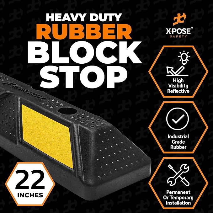 Xpose Safety 22" Heavy Duty Rubber Parking Stopper – Bulk 1 Full Pallet 100 Pack Wheel Blocks for Garage, Driveway, or Ramp – Car Bumper Stop with Yellow Reflective Strips – Removable Floor Mount