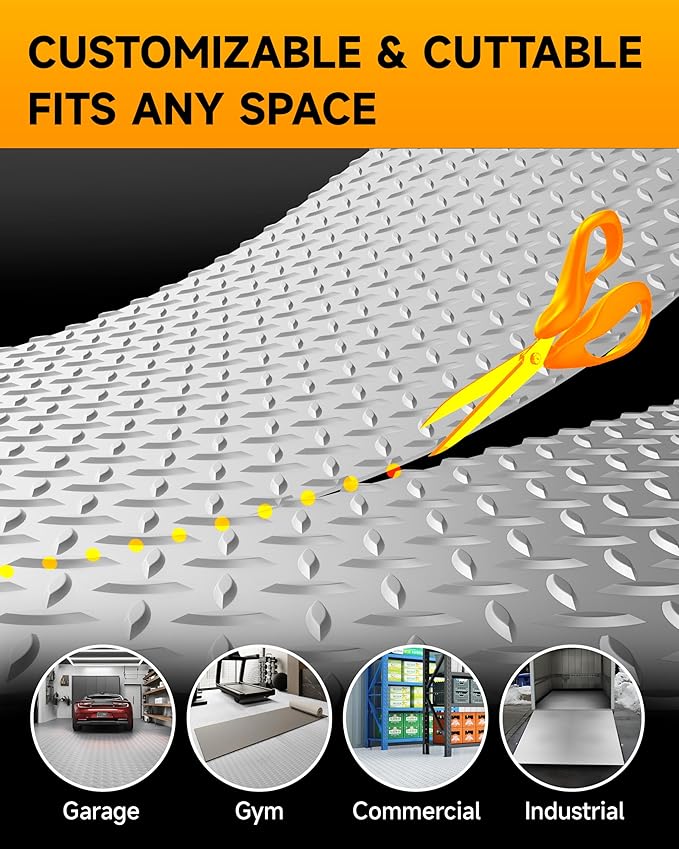8x20 FT Garage Floor Mat, 2.8mm Thick Premium PVC Resin Flooring Roll | Heavy Duty & Durable | Diamond Plate Protector for Car, SUV, Pickup, Trailer, Gym & Basement (Silver)