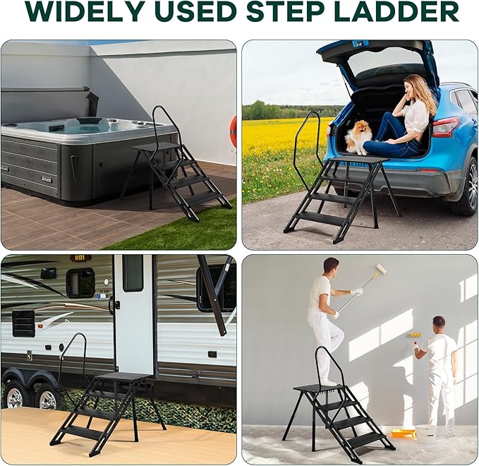 RV Steps Foldable, Aluminum Portable 4 Step Camper Steps with Handrail Adjustable Height with Non Slip Feets for 5th Wheel RV, Travel Trailer, Home, Camper, Spa, Hot Tub Steps, and Porch