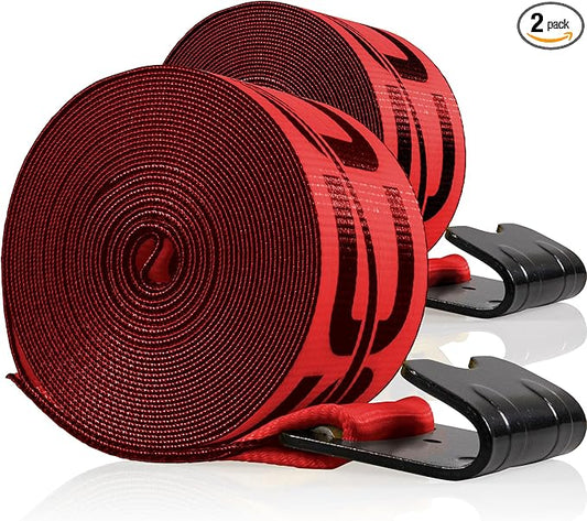 US Cargo Control Winch Straps 4" x 30' (2-Pack), 5,400 LBS Working Load Limit, Heavy Duty Flatbed Tie Downs with Flat Hooks, Red 4 Inch Straps for Flatbed Trailer, Truck, and Cargo Securement