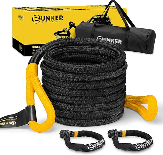 BUNKER INDUST 1.25"×30ft Kinetic Recovery Rope with 2 Soft Shackle Kit, 55000lbs Nylon Tow Rope Heavy Duty Snatch Strap Offroad Recovery Kit for 4x4 Jeep Truck ATV UTV SUV