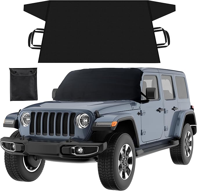 EcoNour Jeep Windshield Snow Cover | Durable 600D Oxford Fabric Winter Car | Windshield Ice Cover for Jeep Wrangler, Bronco, Gladiators | X-Small