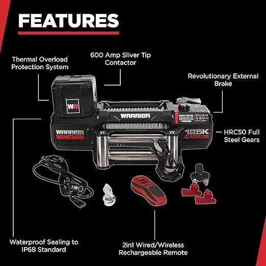 Warrior Winches Gladiator 12500lbs Winch 12v Electric Winch with Steel Rope with Wired/Wireless Remote and Powerful Motor, IP68 Waterproof Electric Winch, for Offroad, Jeeps, SUVs, 4x4, Truck Winch