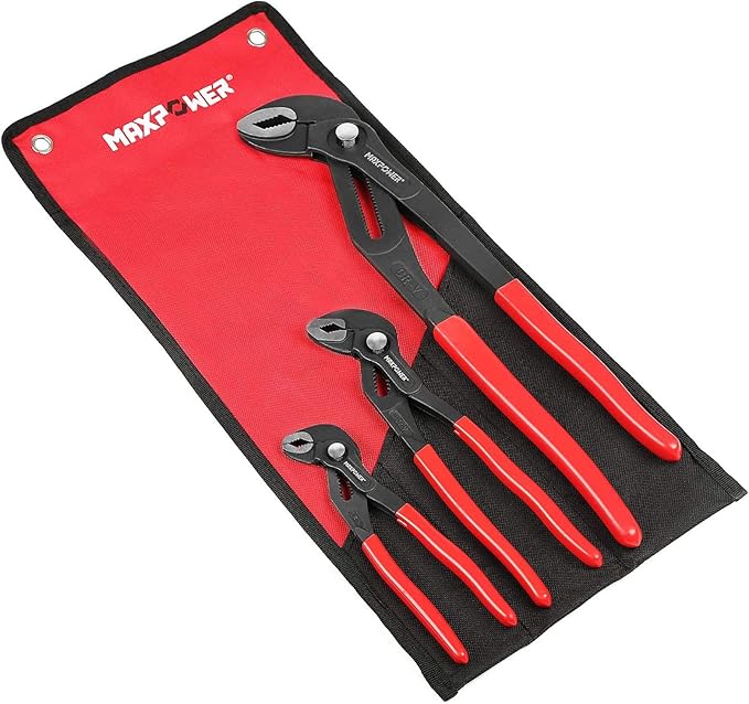 MAXPOWER Water Pump Pliers Set. Plumbing Pliers 3 Pieces Kitbag Set. 7-Inch, 10-Inch and 16-Inch Push Button Quick Adjust Tongue and Groove Pliers Set