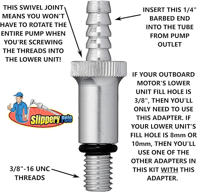 Slippery Pete - Lower Unit Gear Oil Pump for Standard Quart Bottles, Includes 3/8 inch Metal Swivel, 8mm and 10mm Adapters Fit Most Marine Boat Outboard Motors (NOT COMPATIBLE WITH VOLVO PENTA)