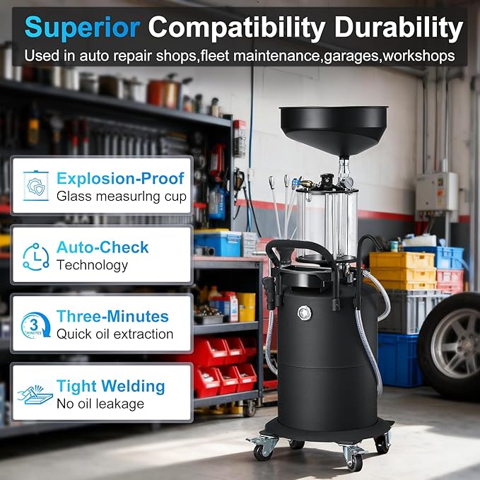 Industrial Fluid Drain Tank, Oil Drain Extractor, Portable Pneumatic Waste Oil Drain with Wheels (Black 5701)