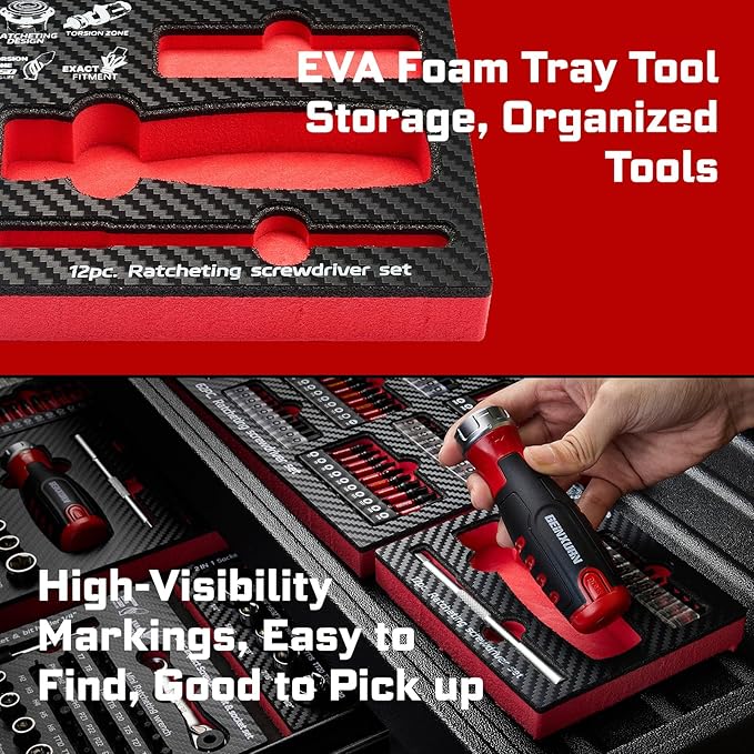 12Pieces Ratcheting Screwdriver Set, 12-in-1 Multi-bit Magnetic Screwdriver Quick-Load Mechanism, S2 Steel Phillips, Slotted, Torx, Square Bits, Impact Bit Holder with Eva Foam Storage Tray