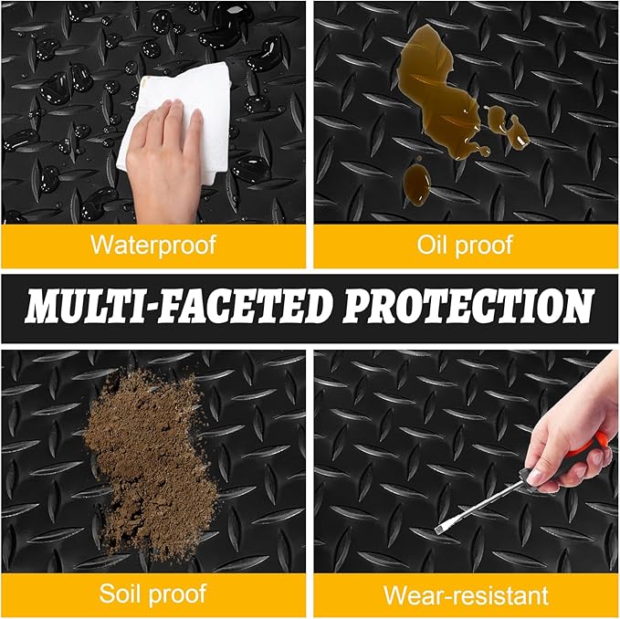 7.5x25 FT Garage Floor Mat, 2.8mm Thickened Flooring Roll for Under Car with 20Pcs Tapes, 188SQFT Diamond Plate, Non-Slip Floor Protector Mat for Garage, Warehouse, Gyms, Trailer(Black)