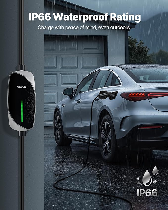 VEVOR Level 1&2 EV Charger, 16 Amp, Electric Vehicle Portable Charger with 25 ft Charging Cable, 120V-240V, NEMA 6-20P Plug NEMA 5-15 Adapter, LED Indicator, Home Car Charging Station for SAE J1772 EV