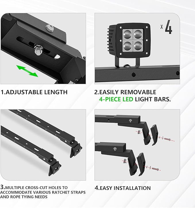 400 LBS Roof Rack Cross Bars with 4 Pcs LED Lights Bar Compatible for 2007-2025 Jeep Wrangler JK JKU JL JLU Unlimited & Gladiator JT Hardtop, Roof Rail Crossbars Cargo Carrier Rooftop Luggage