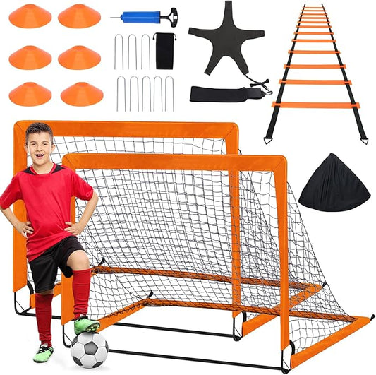 Kids Soccer Goals for Backyard Set, 2 Set of 4X3 ft Portable Toddler Pop Up Soccer Net Training Equipment with Soccer Ball, Agility Ladder and Cones for Outdoor Sports Games