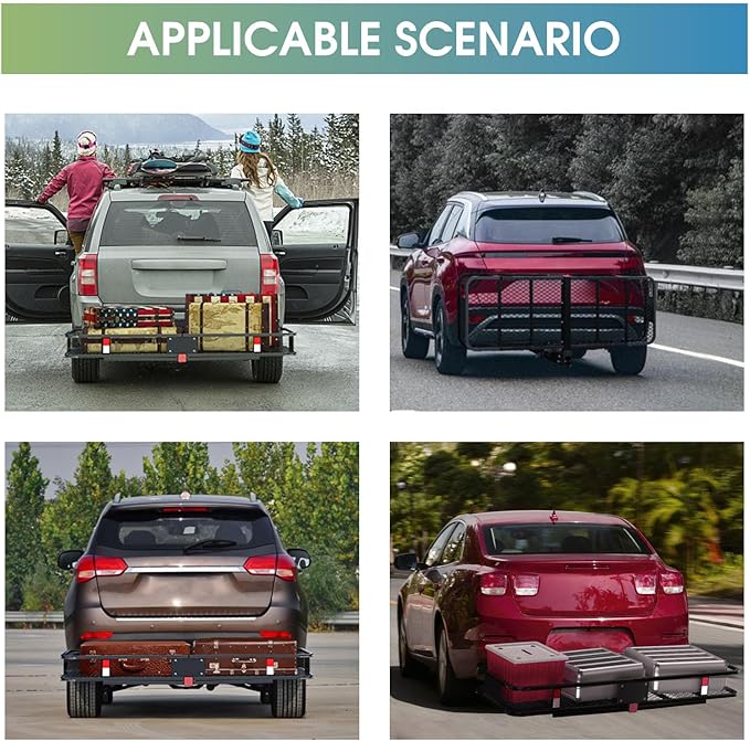 FORWODE 500 LBS Hitch Mount Cargo Carrier Basket, 60"x20"x6" Folding Hitch Cargo Carrier Rack for 2 Inch Receiver, Car Rack Rear Luggage Basket with Cargo Net