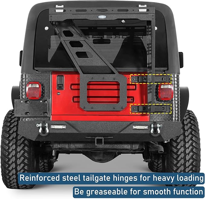 Hooke Road Tailgate Storage Basket Spare Tire Cargo Rack for 1997-2006 Jeep Wrangler TJ, Steel Luggage Carrier Tray with Reinforced Tailgate Hinge for Overlanding Camping Accessories