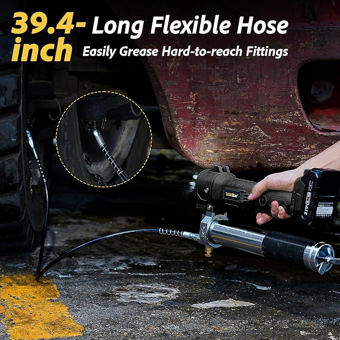 Electric Grease Gun, 10000 PSI Super Efficient Battery Powered Grease Gun Kit with 2 Batteries and Charger, 39.4" Flexible Hose, Cordless Grease Gun with Super Bright LED Light, Black