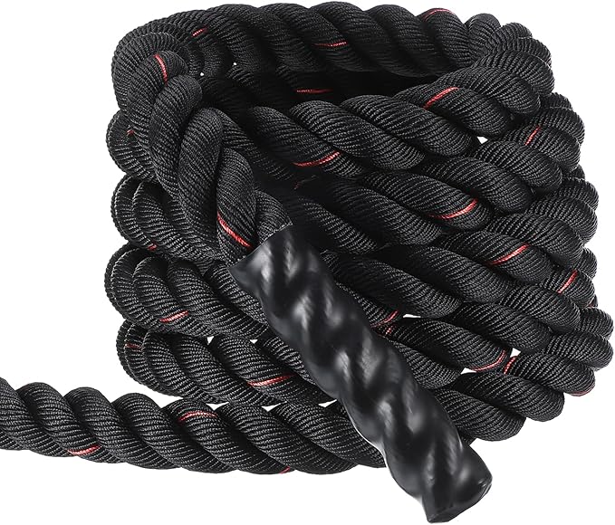 MECCANIXITY Battle Rope 20ft x 2 Inch Polyester Workout Rope Heavy Fitness Exercise Rope for Strength Training Home Gym Muscle Building, Black Red