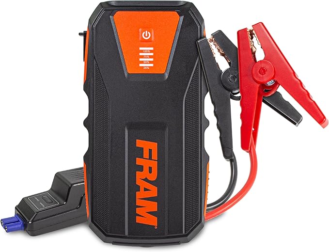 FRAM FEK40008 Car Battery Jump Starter 12000mAh (44.4Wh) Up to 5.0L Gas and 2.0L Diesel Engines, 12V Emergency Car Booster with Jumper Cables, Portable Power Bank and LED Flashlight