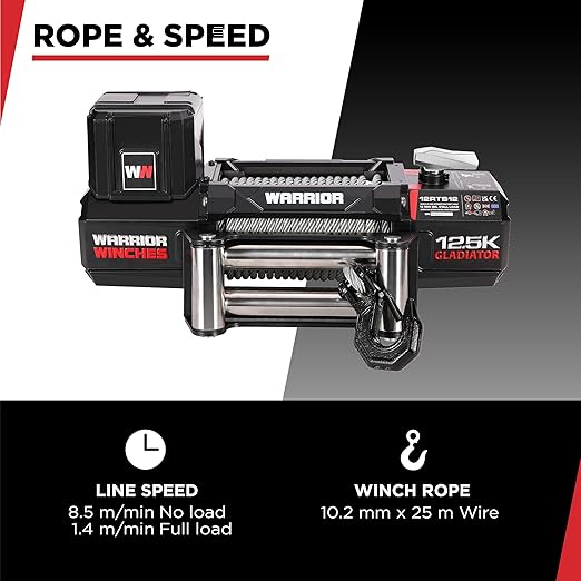 Warrior Winches Gladiator 12500lbs Winch 12v Electric Winch with Steel Rope with Wired/Wireless Remote and Powerful Motor, IP68 Waterproof Electric Winch, for Offroad, Jeeps, SUVs, 4x4, Truck Winch