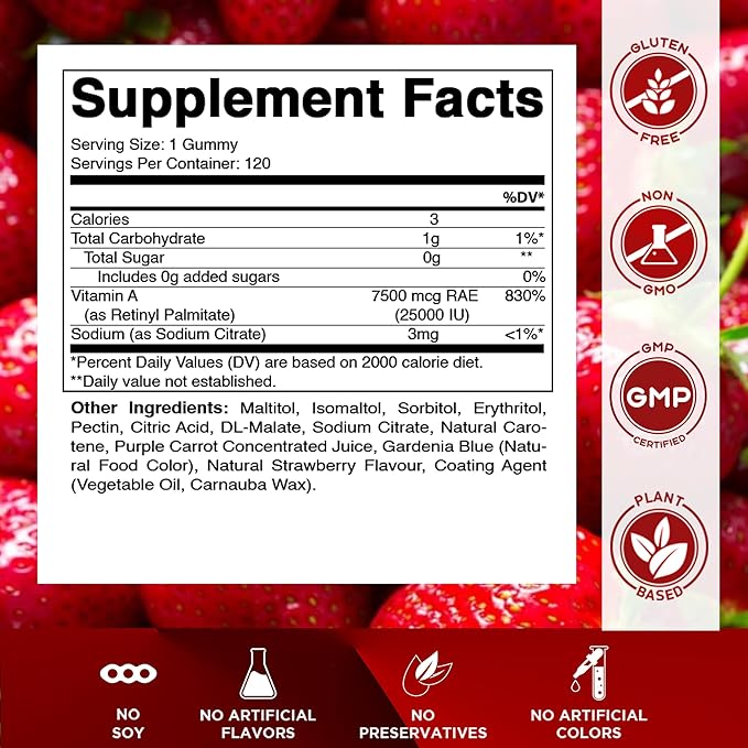 Vitamatic Sugar Free Vitamin A 25000 IU Gummies (Retinyl Palmitate) - Natural Strawberry Flavor - 120 Pectin Based Gummies (2 Bottles)