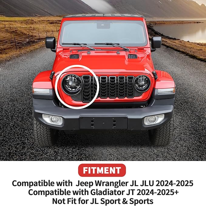 Front Grille Grill Insert+Headlight Turn Light Cover Trim Fit for 2024-2025+ Jeep Wrangler JL JLU & Gladiator JT,Not Fit for JL Sport & Sports (Carbon Fiber)