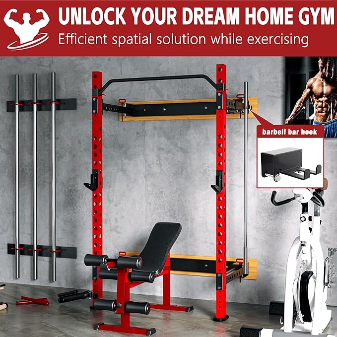 MU 2" x 2" Folding Squat Rack, 1100LBS Wall Mounted Power Rack with Adjustable Pull Up Bar, J Hooks, Landmine, Foldable Squat Rack for Home Gym, Garage, Training Studios (Black and Red)