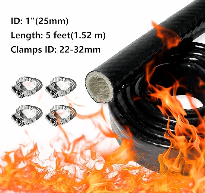 1" ID Heat Shielded Fire Sleeve Thermo Armor Silicone Coated Fiberglass Heat Protection w/ 4 Clamps for Automotive Hose Lines & Electrical Wiring - Black 5FT