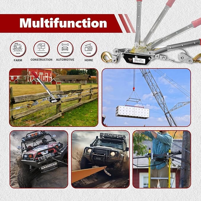 Come Along Winch 2T, Pulling Capacity 12 FT Steel Cable 2 Hooks, with Two 1"x8FT Lifting Straps, Heavy Duty Come Along Tool with Dual Gears, Heavy Duty Hoist Cable Puller for Vehicle Rescue