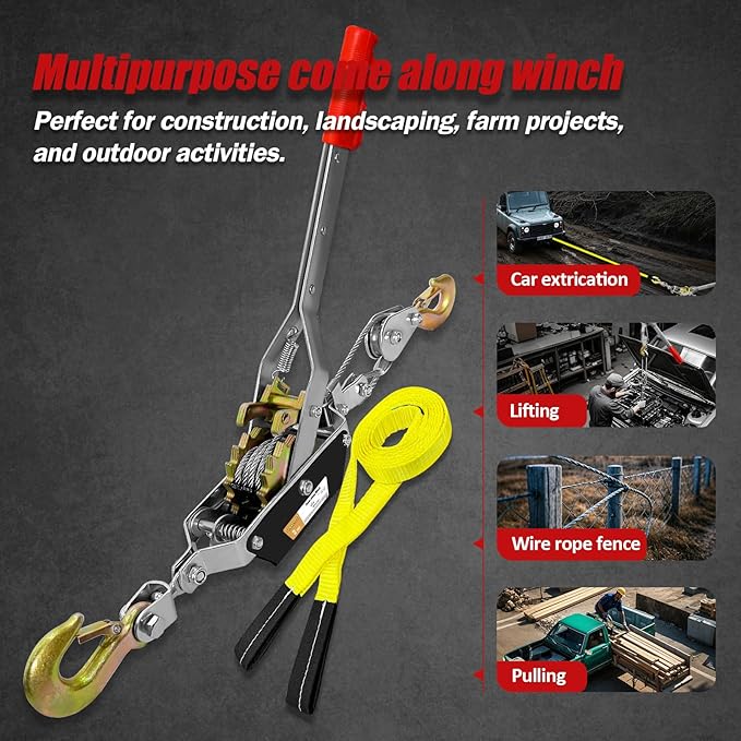 Come Along Winch Heavy Duty, 10FT 2T Come Along Pulling Tool 2 Gears 2 Hooks, Cable Winch Puller, Come Along Power Puller Ratchet Tool for Construction Automotive Farm Fences (with Straps)