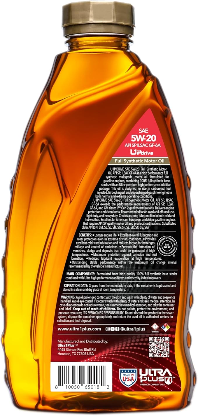 ULTRA 1PLUS SAE 5W-20 Full Synthetic Motor Oil API SP ILSAC GF-6A - 5W20 motor oil, 5 Quarts