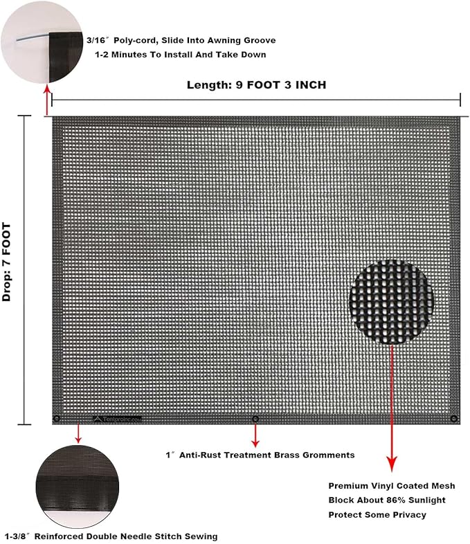 Tentproinc RV Awning Sun Shade Screen 7' X 9' 3'' (Fit for 10' Awning) Mesh Sunshade UV Blocker Shadescreen for Motorhome Camping Trailer Awning Sunscreen Screenshade - 3 Year Warranty (Black)
