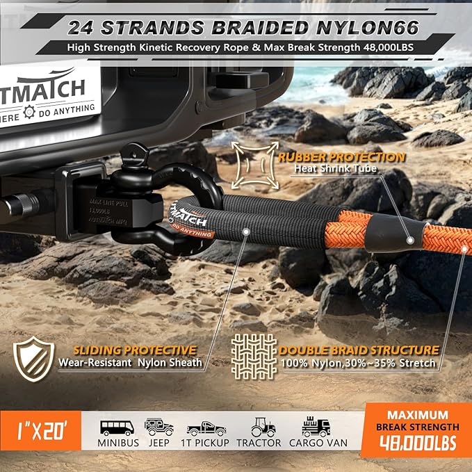AUTMATCH Kinetic Recovery Tow Rope 1" x 20FT - Heavy Duty Offroad Snatch Strap 48000Lbs, 35% Elasticity Energy Recovery Tow Rope for 4x4 Off-Road Vehicle, Truck, Trailer, ATV, UTV, Orange